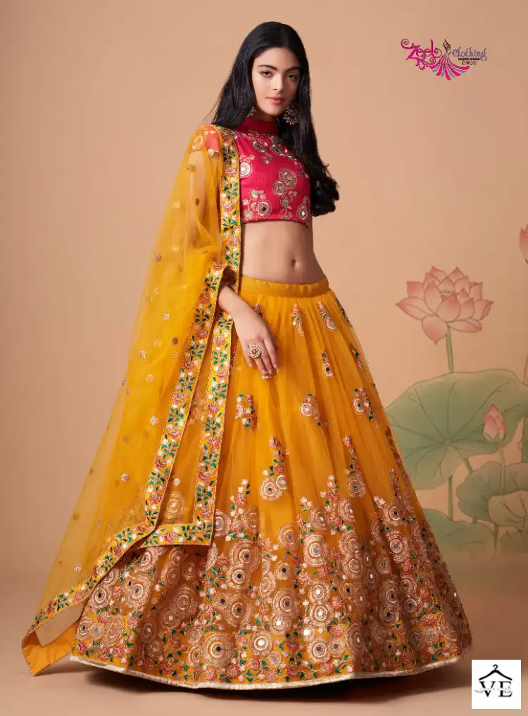 Buy Attractive Mustard Mirror Work Georgette Lehenga Choli - Zeel