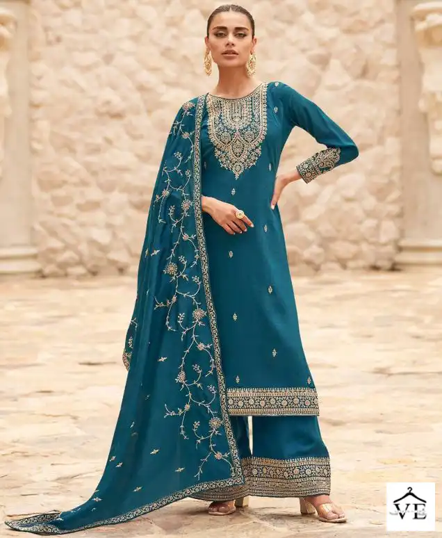 Georgette palazzo suit in Teal blue colour 1448D