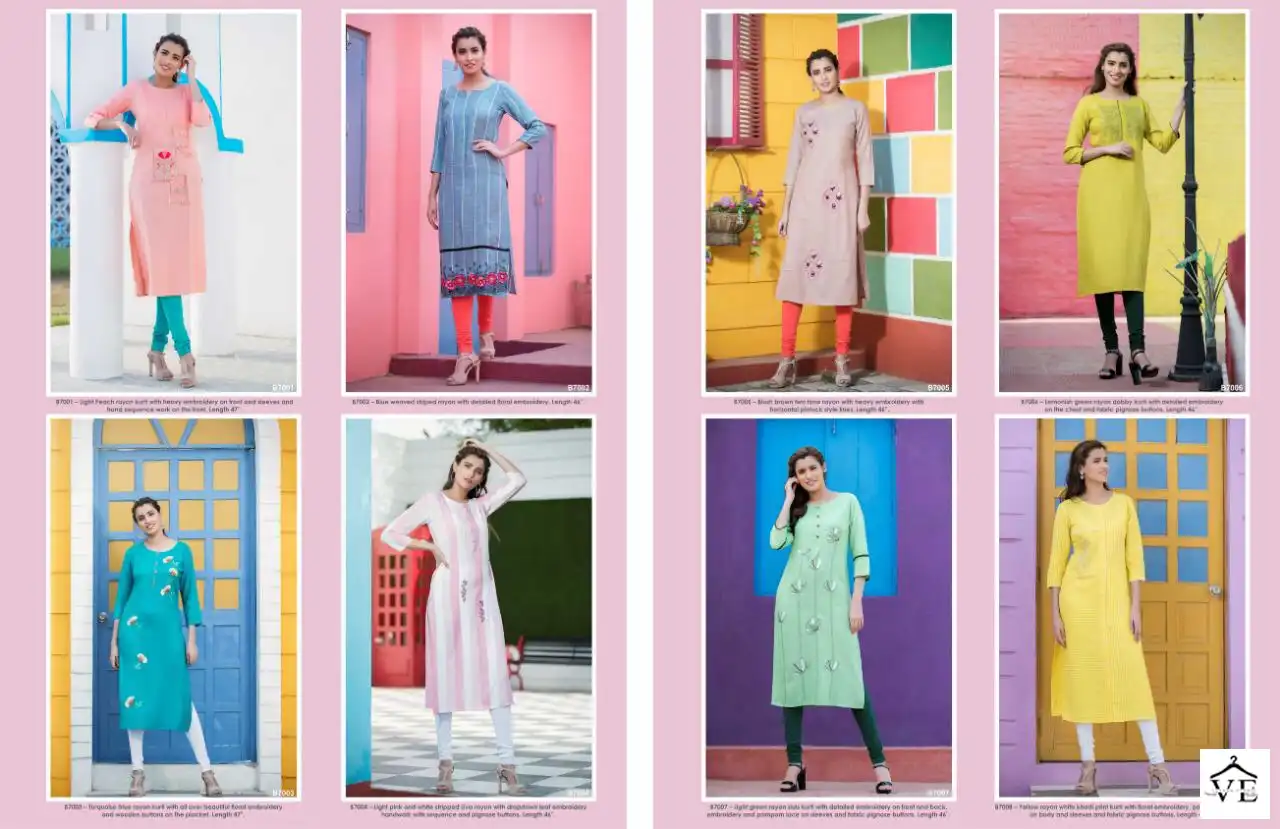 Aakara Basics Vol 7 Rayon Wholesale Embroidery Work Fancy Straight Kurtis Catalog - Image 9