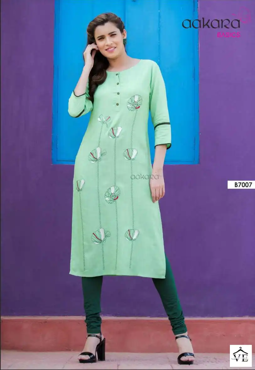 Aakara Basics Vol 7 Rayon Wholesale Embroidery Work Fancy Straight Kurtis Catalog - Image 3