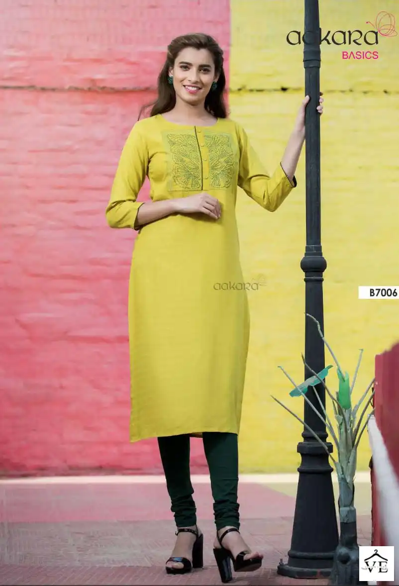 Aakara Basics Vol 7 Rayon Wholesale Embroidery Work Fancy Straight Kurtis Catalog - Image 4