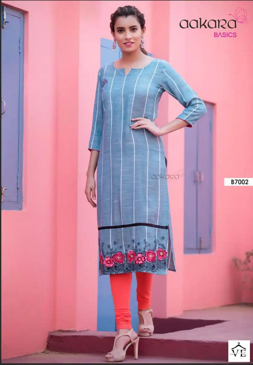Aakara Basics Vol 7 Rayon Wholesale Embroidery Work Fancy Straight Kurtis Catalog - Image 6