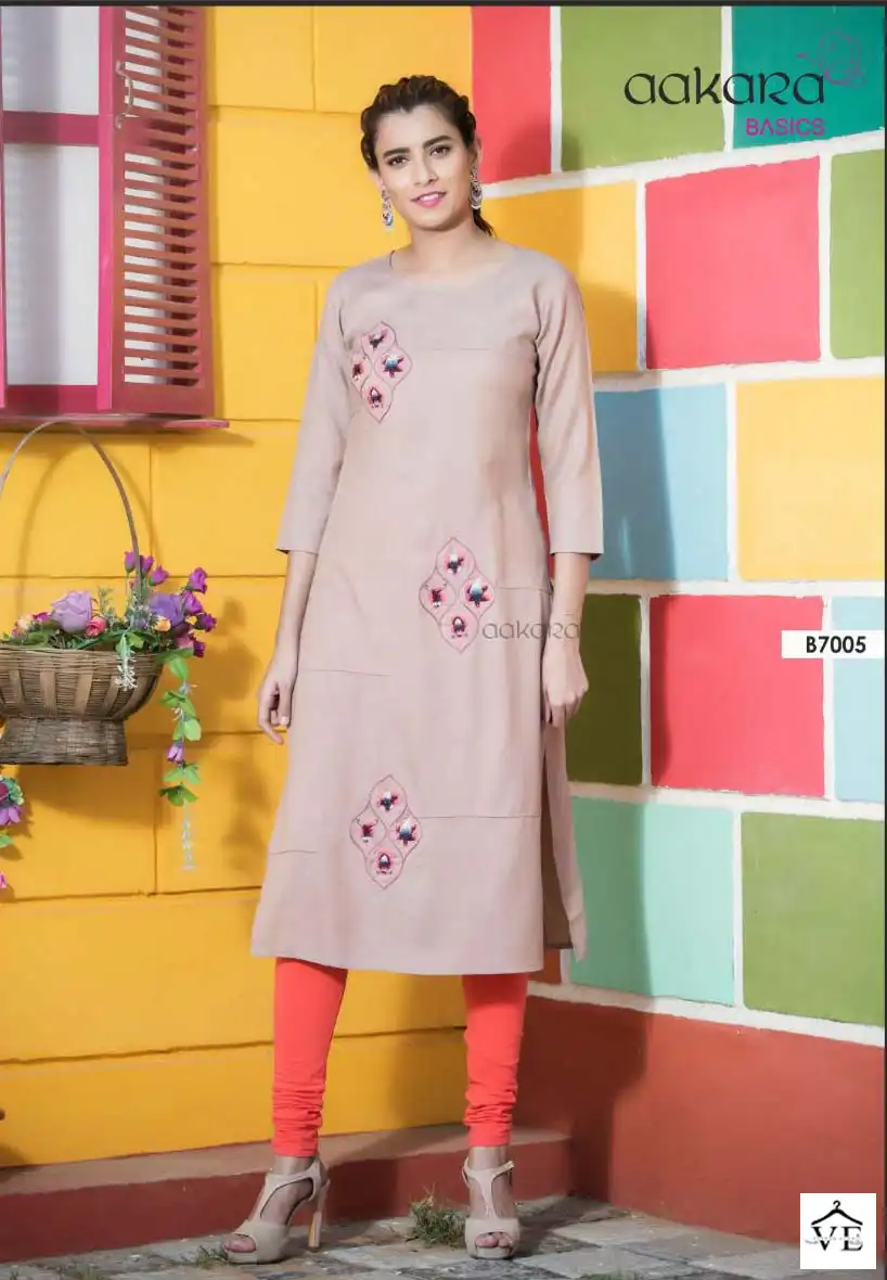 Aakara Basics Vol 7 Rayon Wholesale Embroidery Work Fancy Straight Kurtis Catalog - Image 7