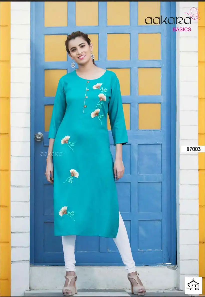 Aakara Basics Vol 7 Rayon Wholesale Embroidery Work Fancy Straight Kurtis Catalog - Image 8
