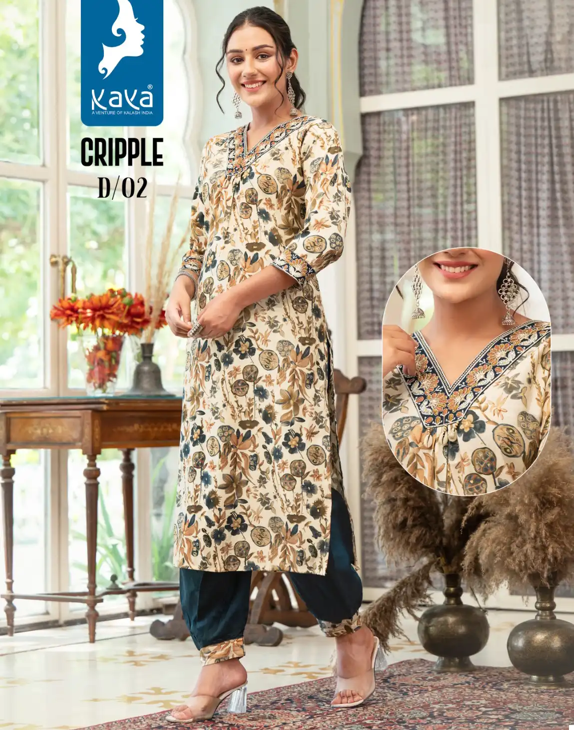 ZENISHA BY KAYA KURTI BRAND MUSLIN NECK EMBROIDERY WORK KURTI WITH INNER  WITH MUSLIN PANT AND MUSLIN FANCY WORK DUPATTA WHOLESALER AND DEALER