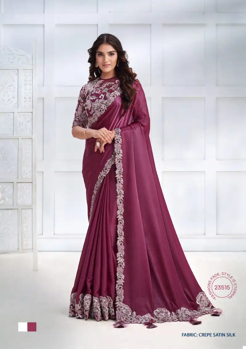 Plain Saree with Designer Blouse Online | Pink Satin Silk Designer Saree