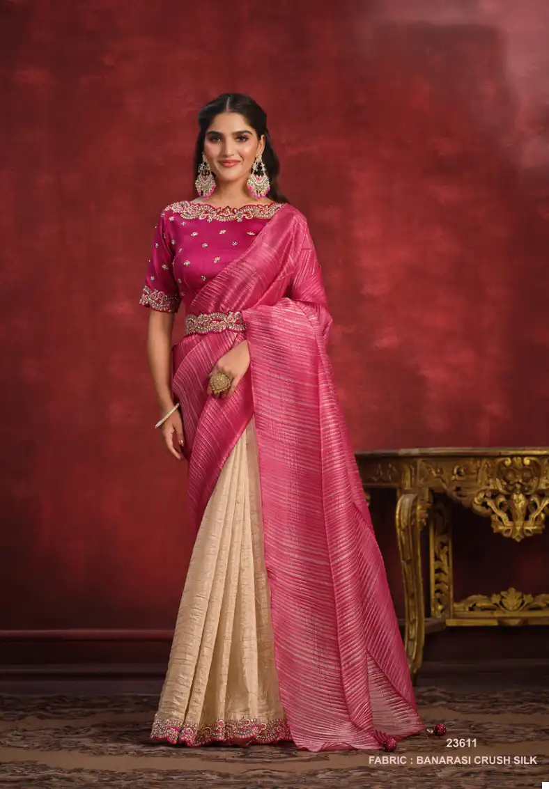 New Indo Western MOH5111 Party Wear Purple Beige Silk Lycra Saree Gown