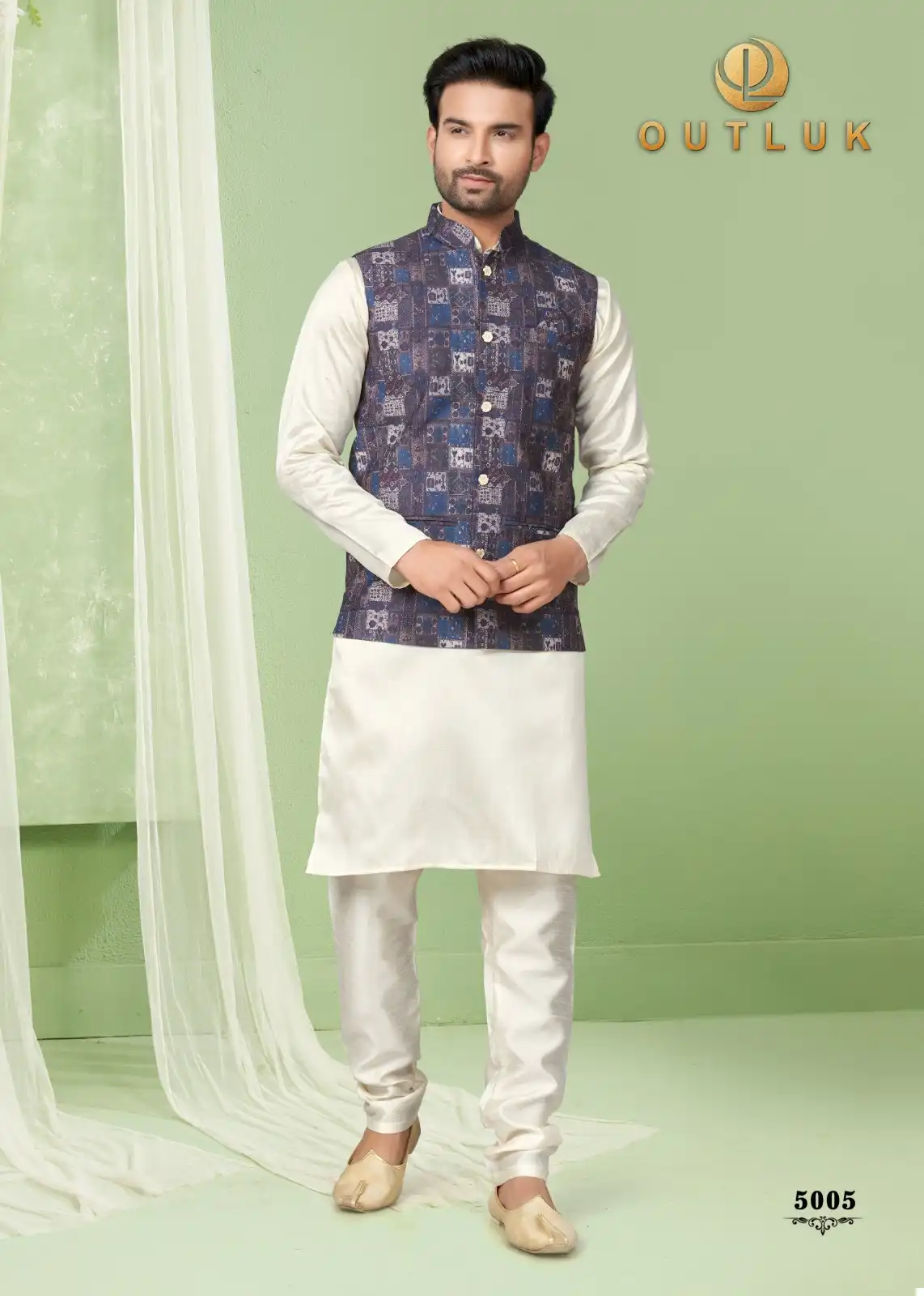 Navy Blue Solid Kurta with Pajama and Woven Jacquard Nehru Jacket