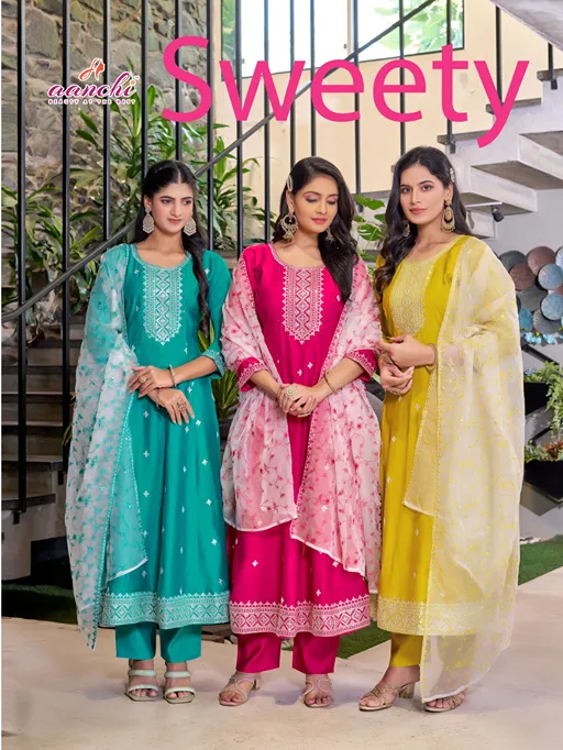 Aanchi Sweety Wholesale Roman Silk Anarkali Kurti With Bottom Dupatta