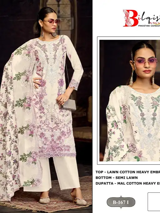 Bilqis B 167 I to L Wholesale Lawn Cotton Pakistani Suit Collection