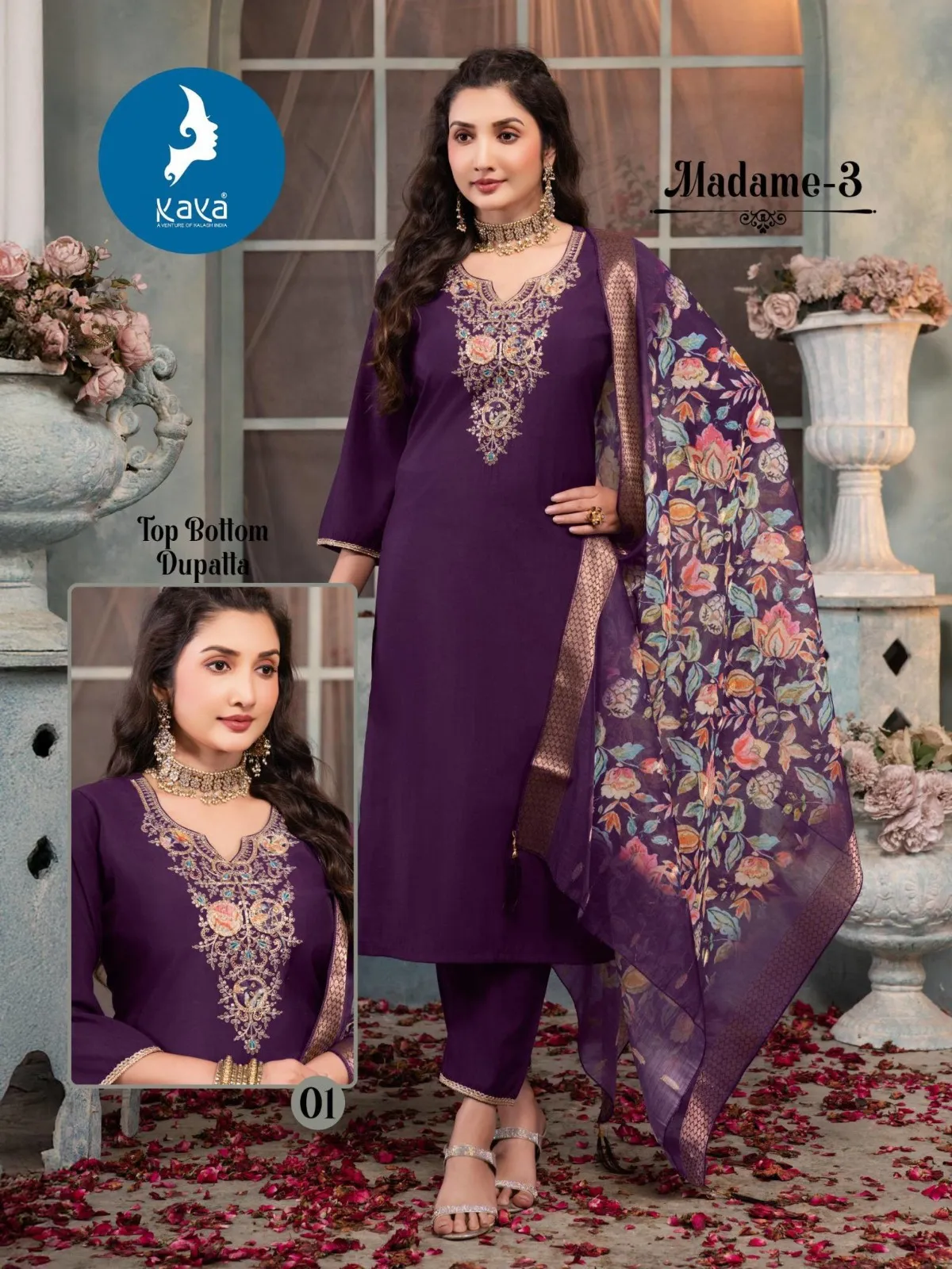 Kaya Madame Vol 3 Roman Silk Kurti Pant And Dupatta Set