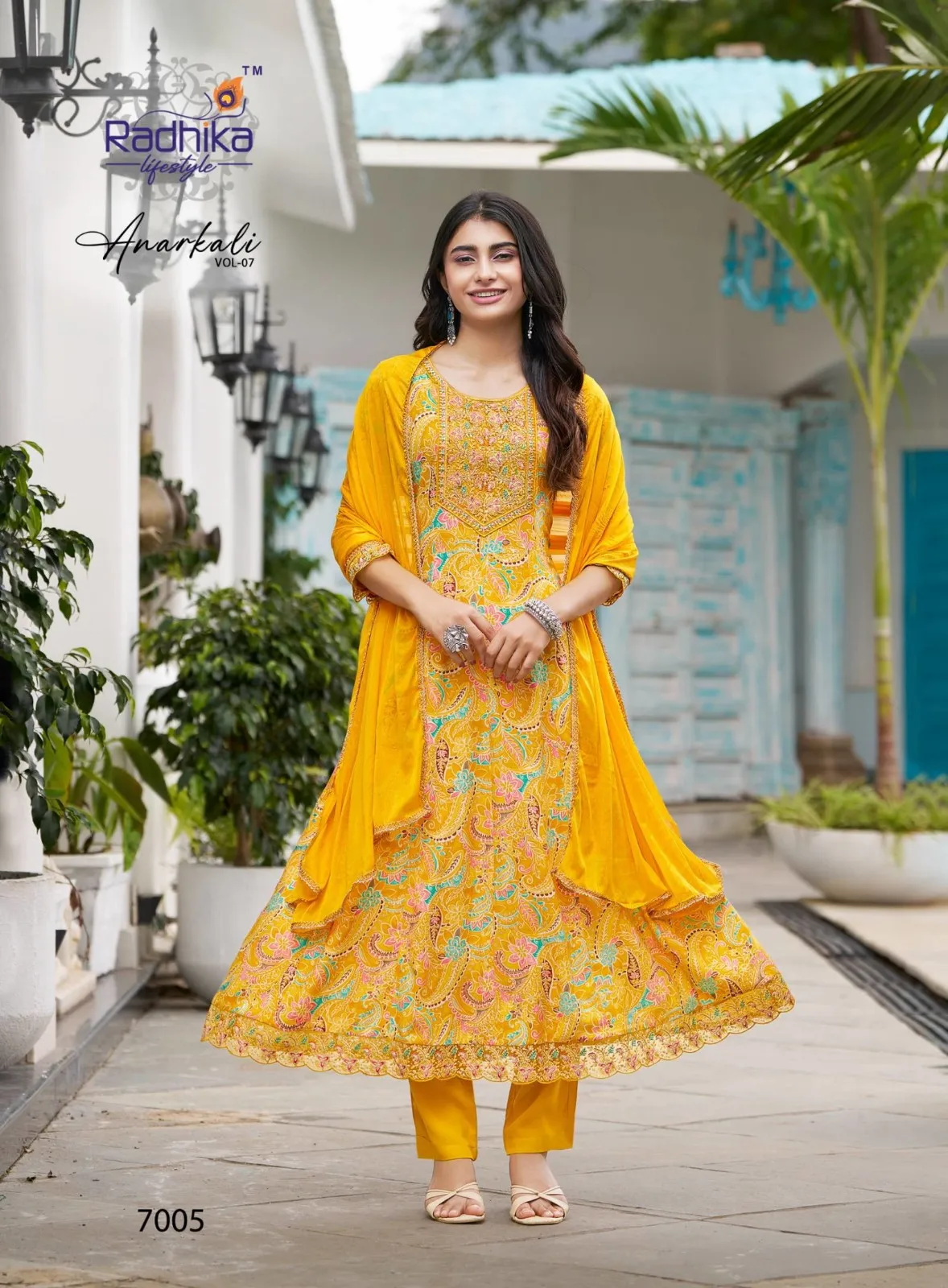 Radhika Anarkali Vol 7 Rayon Foil Print Kurti Pant And Dupatta Set
