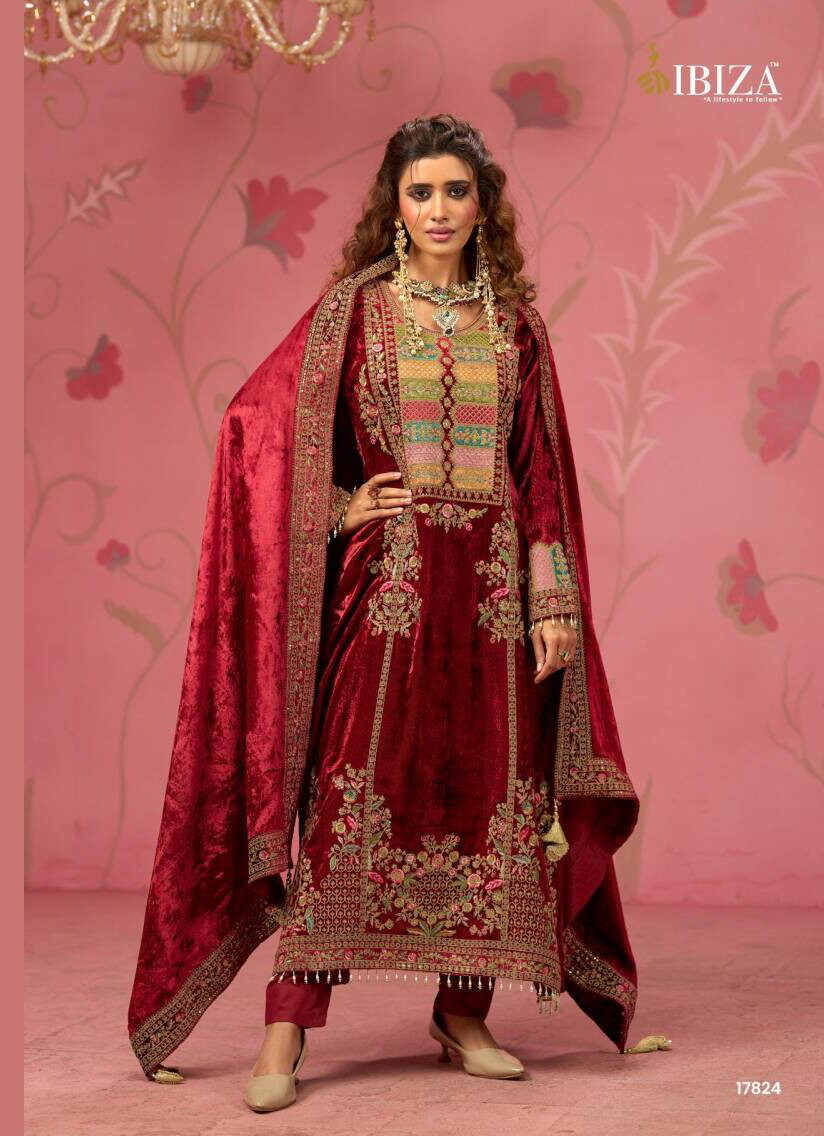 Ibiza Baccarat Viscose Velvet Embroidery Work Designer Suit