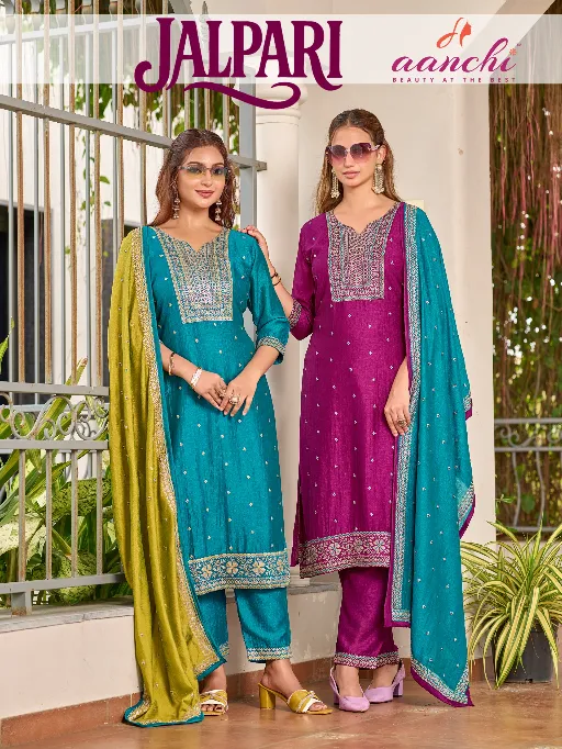 AANCHI JALPARI Straight Vichitra Silk Anarkali Kuri With Bottom Dupatta