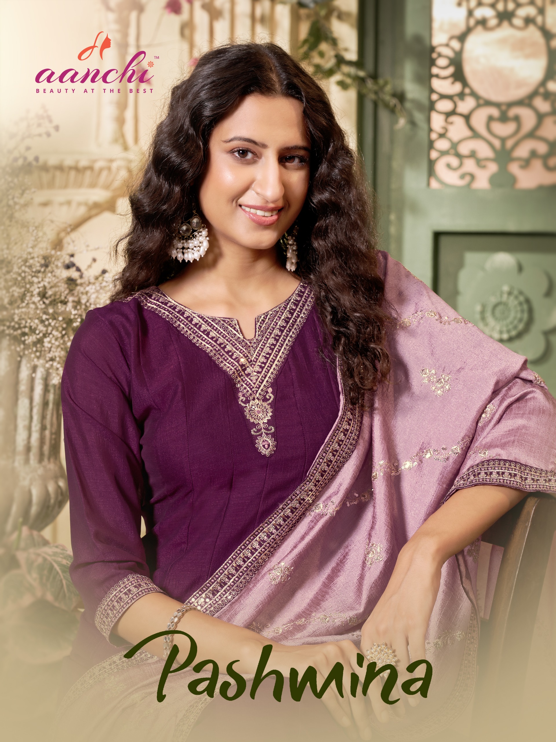 AANCHI Pashmina Wholesale Vichitra Silk Flair Anarkali Kurti With Bottom Dupatta