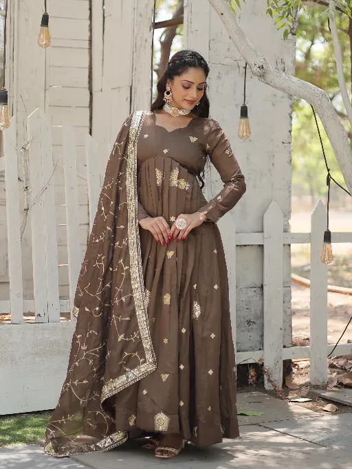 LW-9183 Wholesale Beige Vichitra Shimmer Sequins Gown Collection