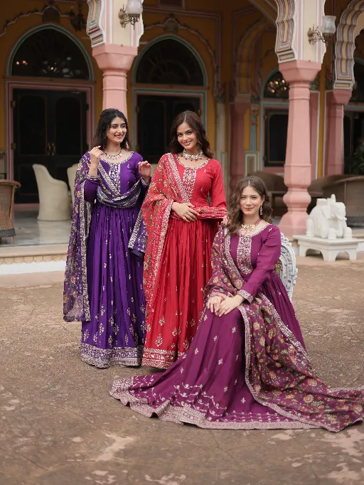 LW-9190 Chinon Sequins Embroidered Gown with Kalamkari Dupatta