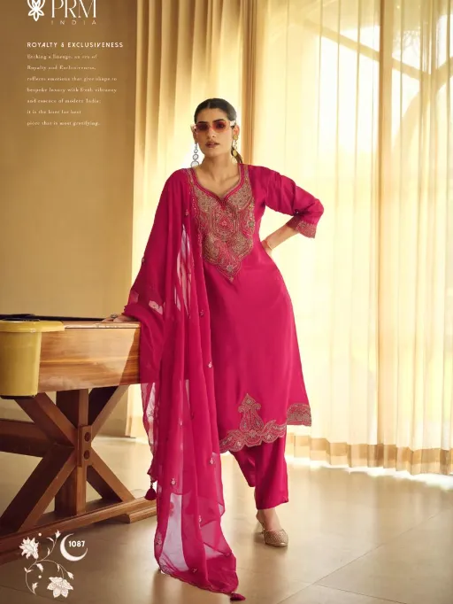 Prm Moh Wholesale Russian Silk Embroidery Work Kurti With Bottom Dupatta