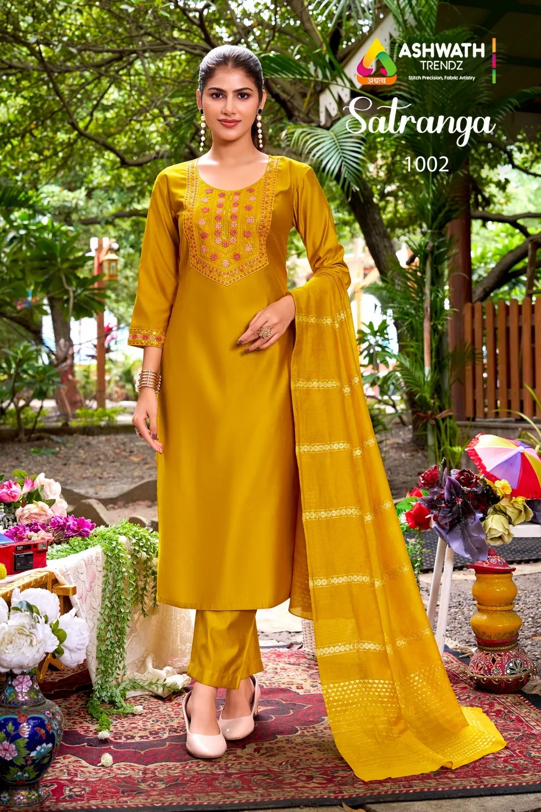 At Satranga Gadhwal Embroidery work Kurti Pant And Dupatta Set