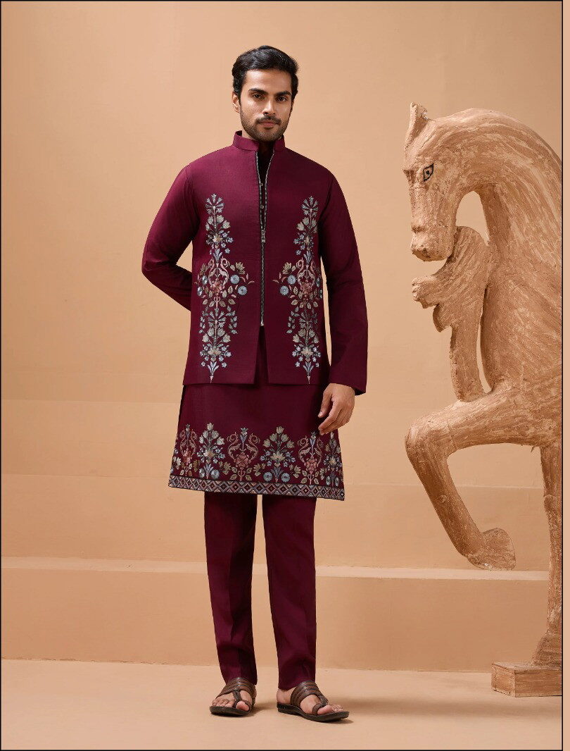 Shubhvastra The Classic Man Viscose Silk Kurta Pajama & Koti Set