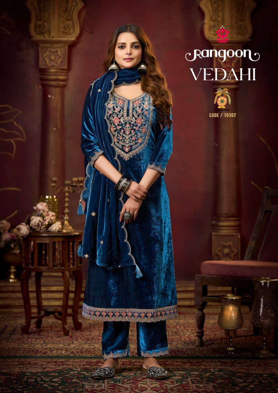 Rangoon Vedahi Viscose Velvet With Work Designer Suit
