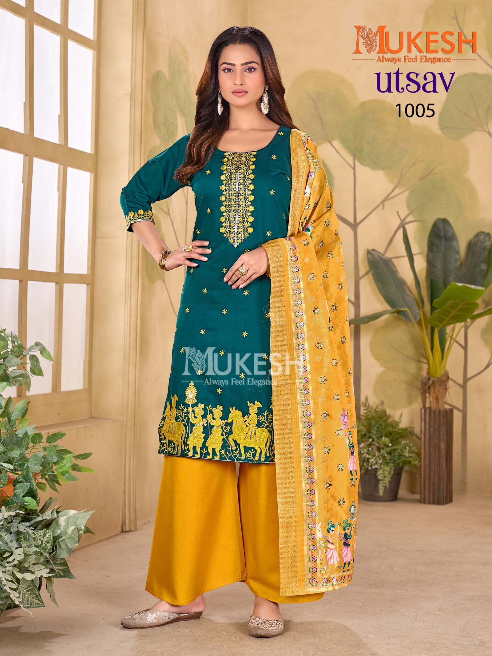 Mukesh Utsav Gadhwal Silk Embroidery Kurti Pant Dupatta Set - Image 4