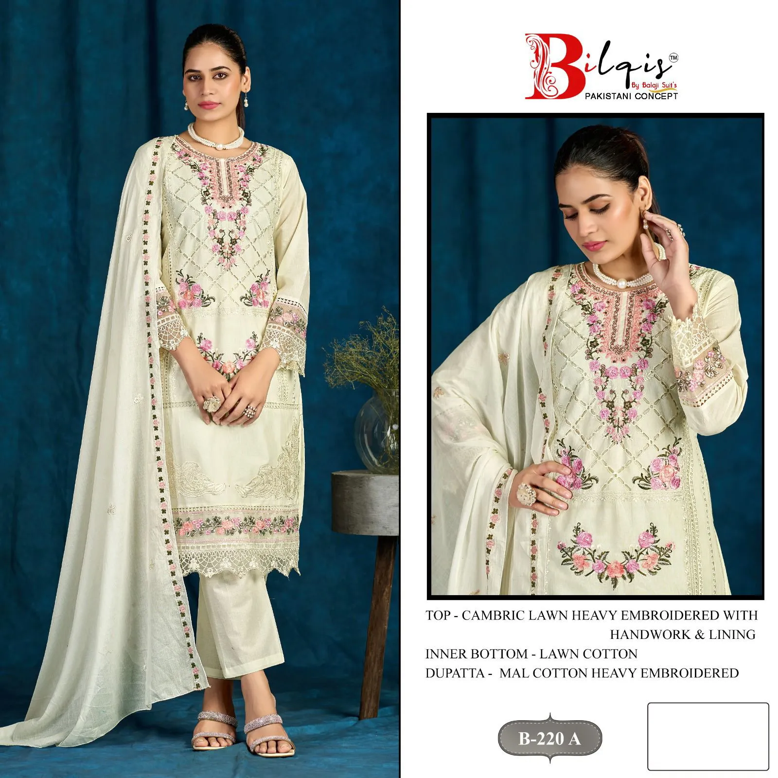 Bilqis B 220 A To D Cambric Lawn Cotton Pakistani Salwar Kameez