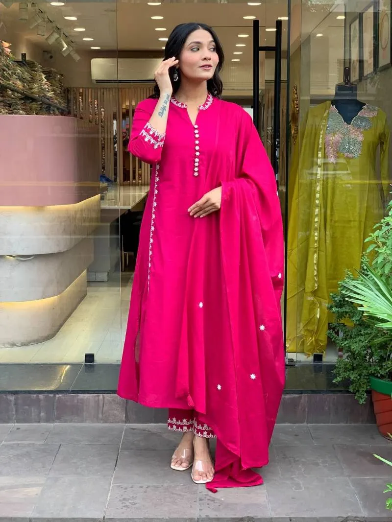 Dhutapasvi 01 Chanderi Embroidery Stylish Kurti Pant And Dupatta