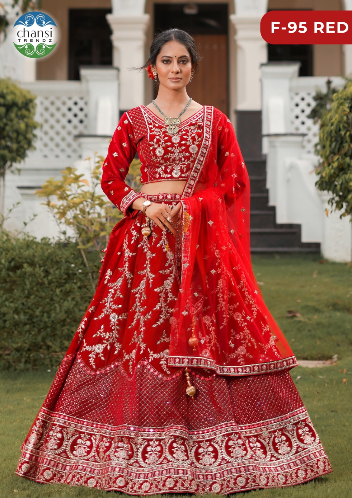F-95 Premium Red Velvet Siroski Work Lehenga Choli Set
