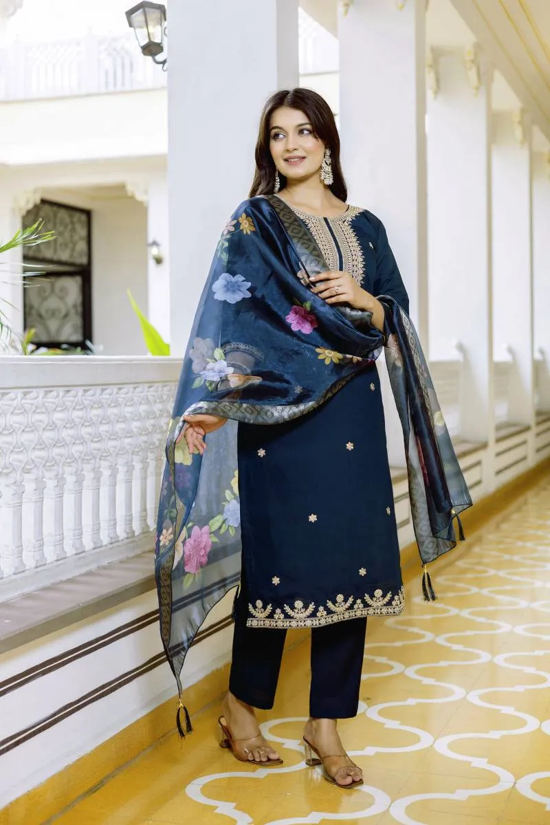 Hr 33 Viscose Chanderi Embroidery Kurti Pant And Dupatta Set