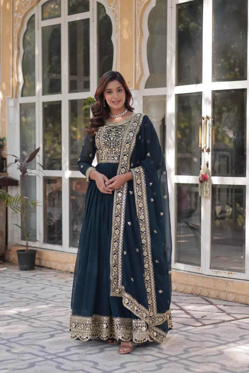 Ka 1153 Sequins Zari Embroidered Georgette Gown With Dupatta