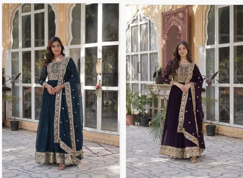 Ka 1153 Sequins Zari Embroidered Georgette Gown With Dupatta - Image 3