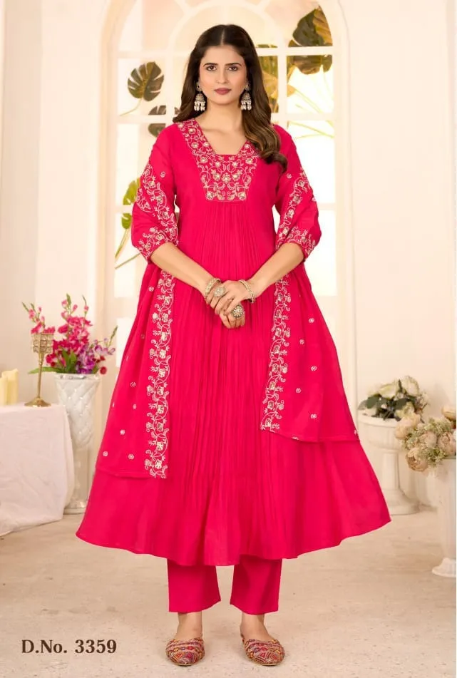 Ladies Flavour 3258 To 3360 Mull Chanderi Handwork Kurti Pant And Dupatta Set