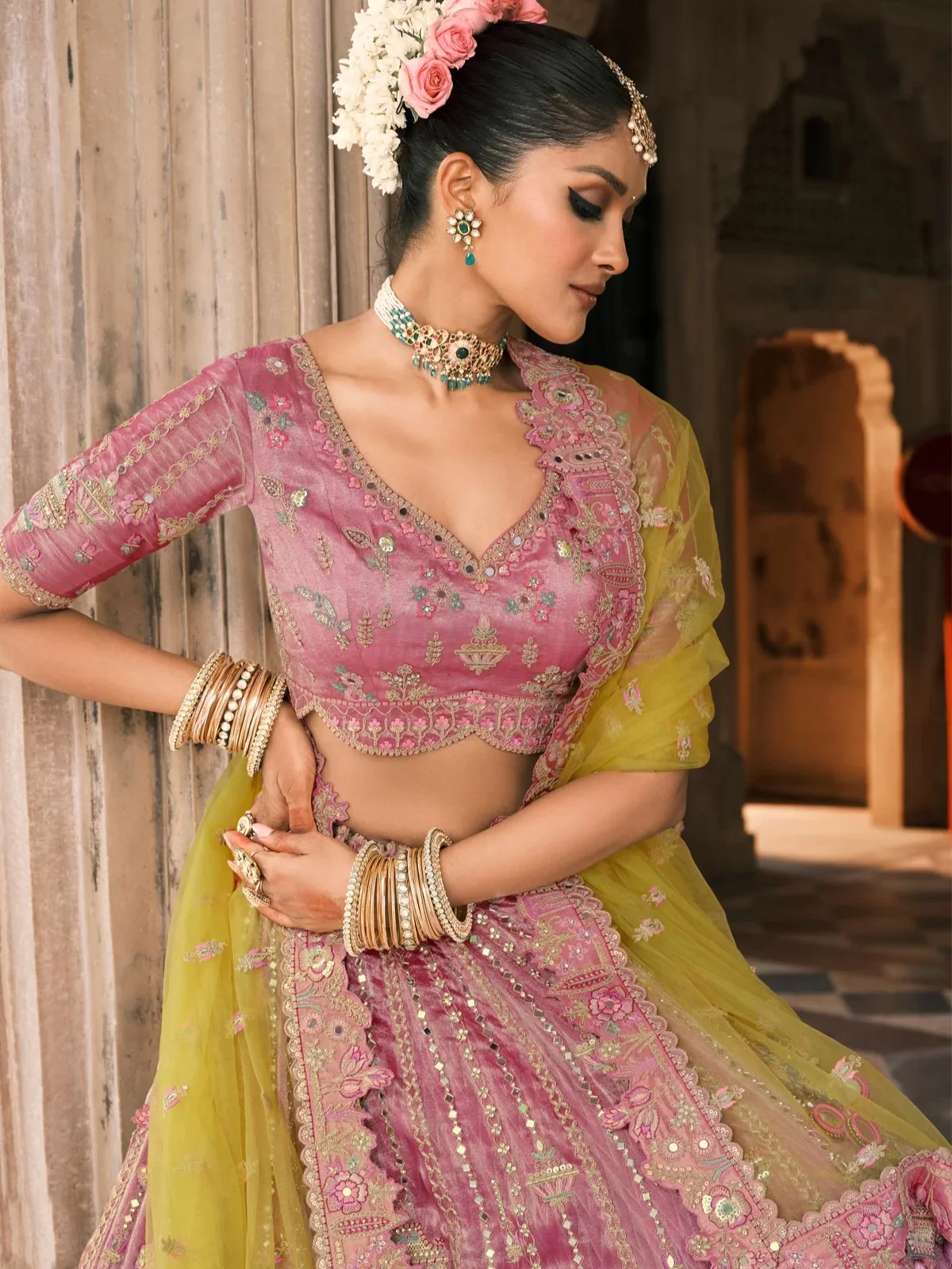Mustard & Pink Designer Bridal Lehenga Choli with Heavy Embroidery and Dupatta - Image 2