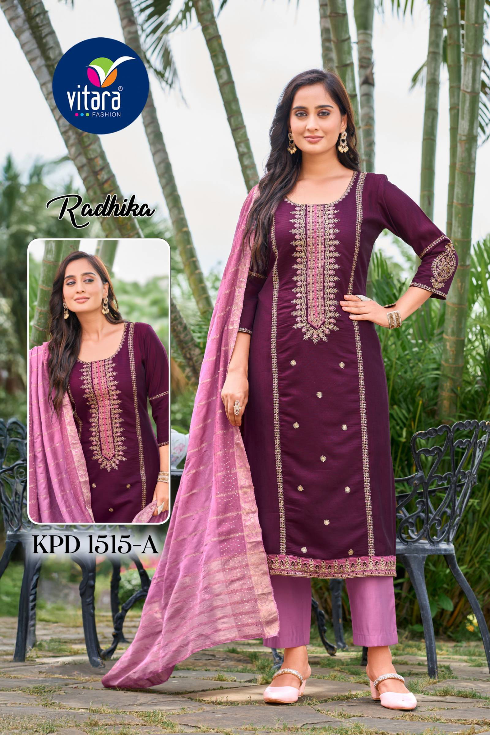 Vitara Radhika Vetican Silk With Embroidery Work Kurti Pant And Dupatta