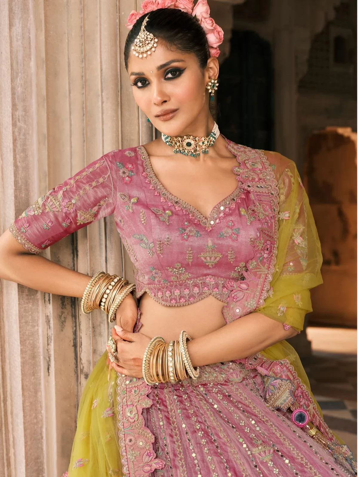 Mustard & Pink Designer Bridal Lehenga Choli with Heavy Embroidery and Dupatta - Image 3