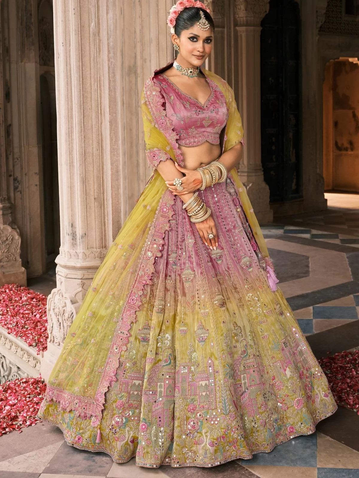 Mustard & Pink Designer Bridal Lehenga Choli with Heavy Embroidery and Dupatta - Image 4