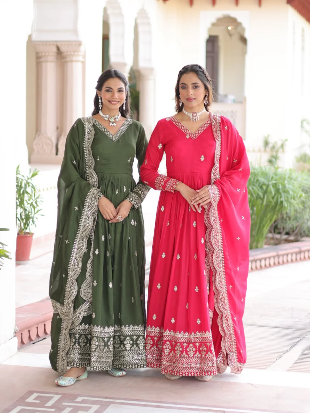 LW-9281 Vichitra Silk Embroidered Readymade Gown with Dupatta