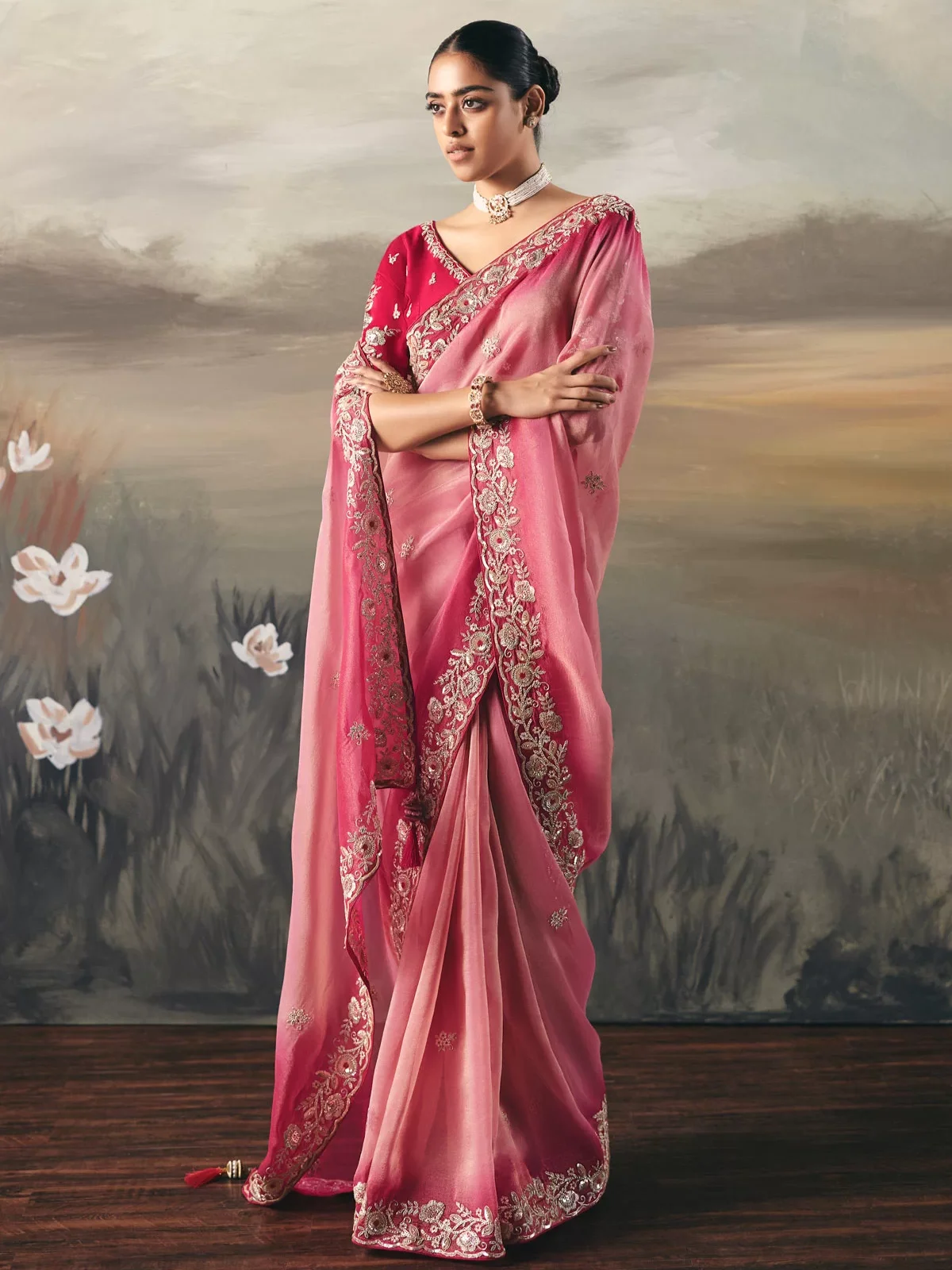 Classic Pink Tissue Zari Embroidered Saree with Heavy Work Blouse - Image 3