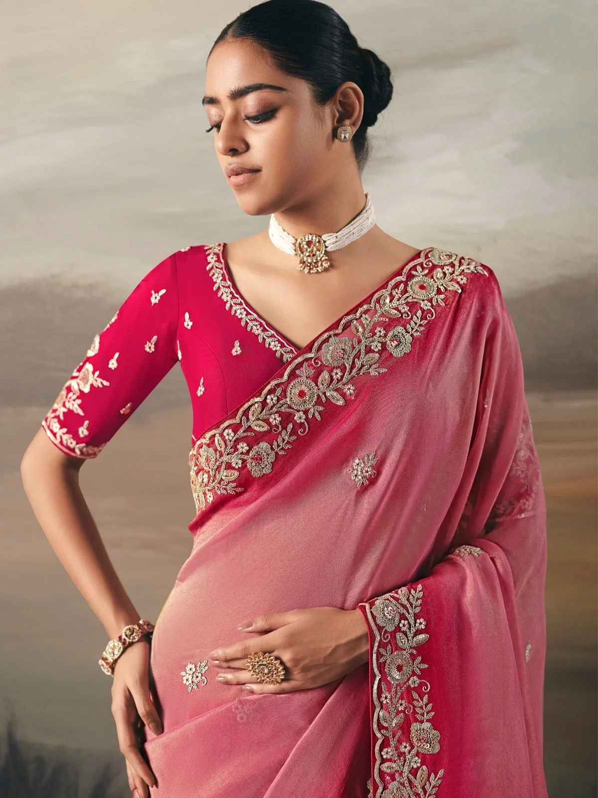 Classic Pink Tissue Zari Embroidered Saree with Heavy Work Blouse - Image 2