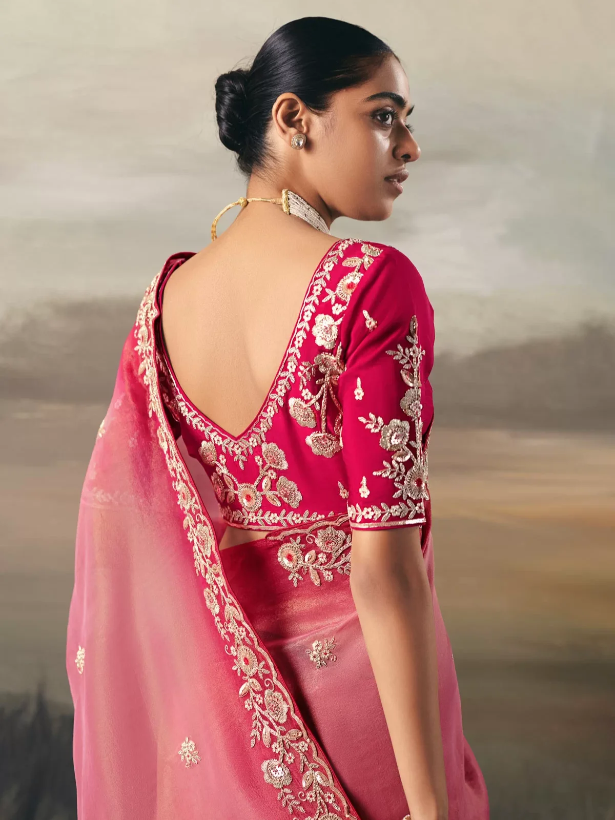 Classic Pink Tissue Zari Embroidered Saree with Heavy Work Blouse - Image 4