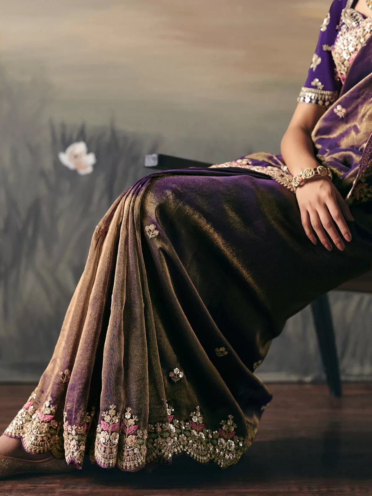 Purple Tissue Traditional Premium Tissue Zari Silk Embroidery Saree - Image 3