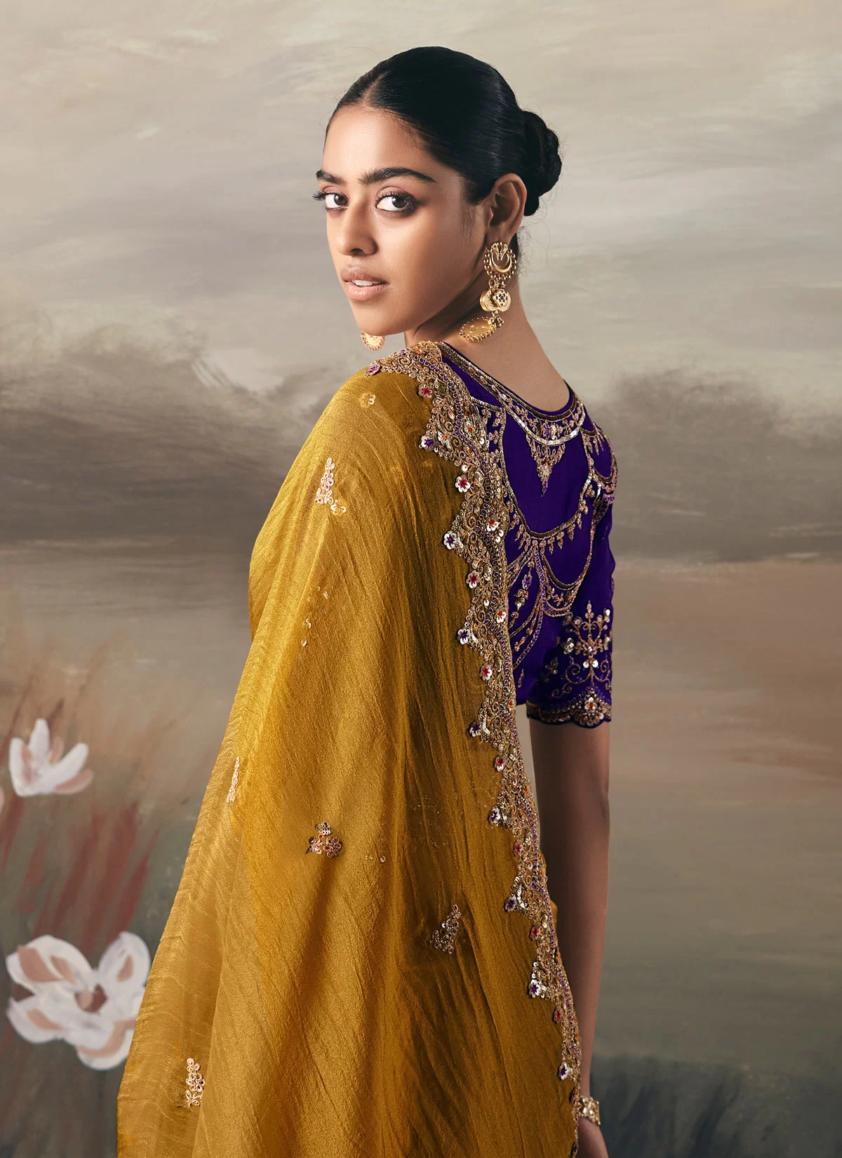 Mustard Tissue Silk Saree with Heavy Embroidered Border & Contrast Blouse - Image 2