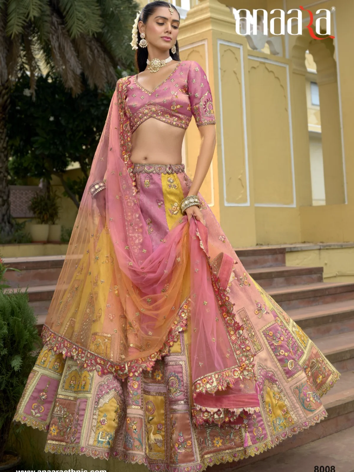 Elegant Pastel Pink & Mustard Designer Bridal Lehenga Choli Set