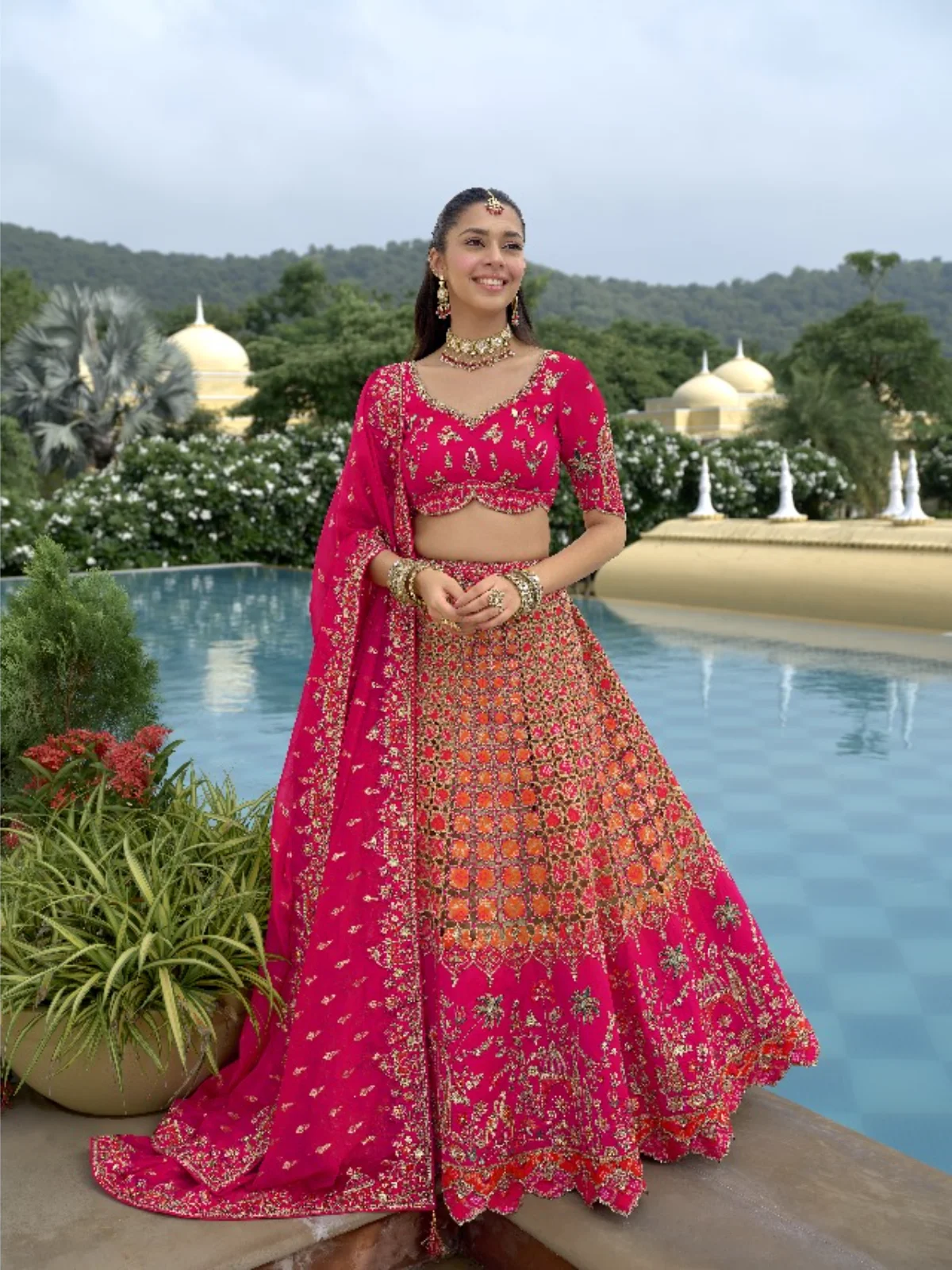 Anaraa Hot Pink & Orange Designer Bridal Lehenga Choli - Image 3