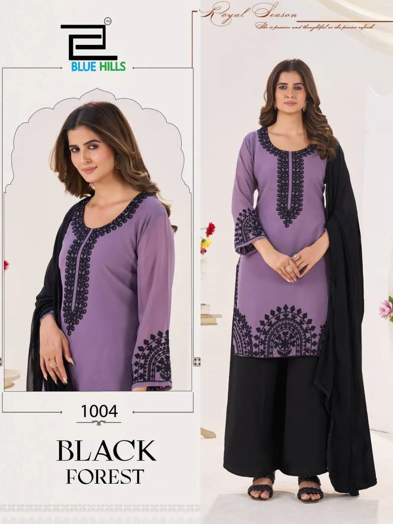 Blue Hills Black Forest Georgette Threadwork Kurti Pant And Dupatta
