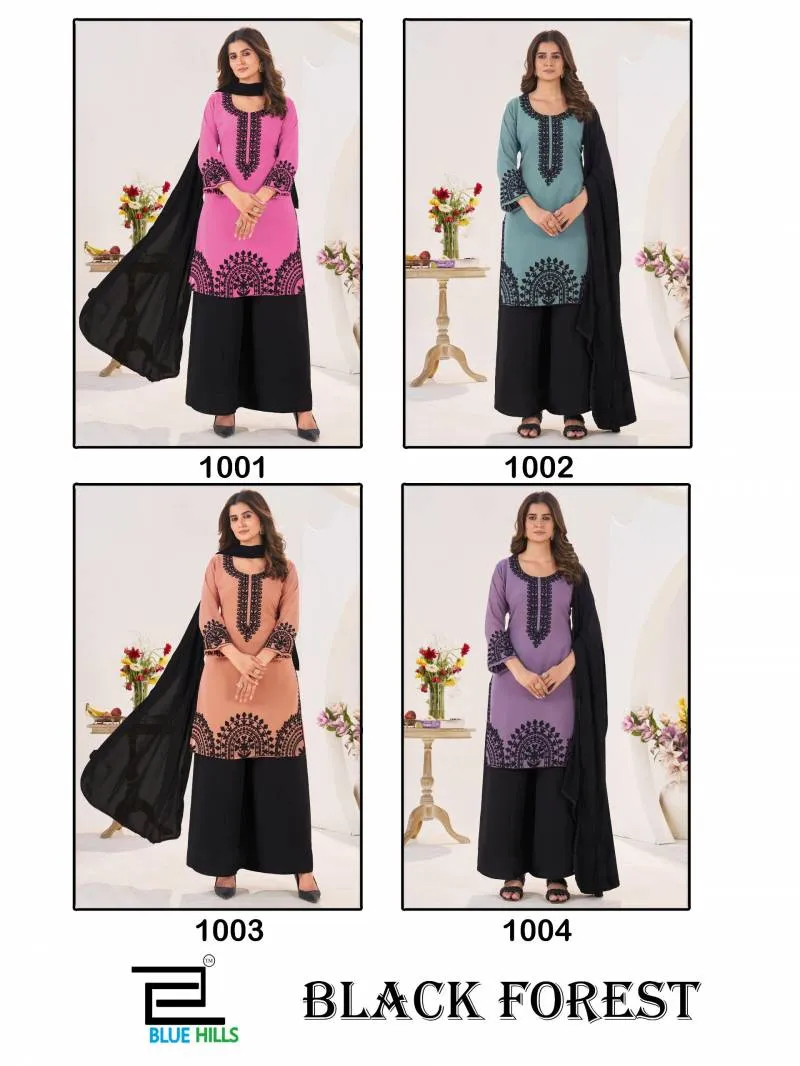 Blue Hills Black Forest Georgette Threadwork Kurti Pant And Dupatta - Image 4