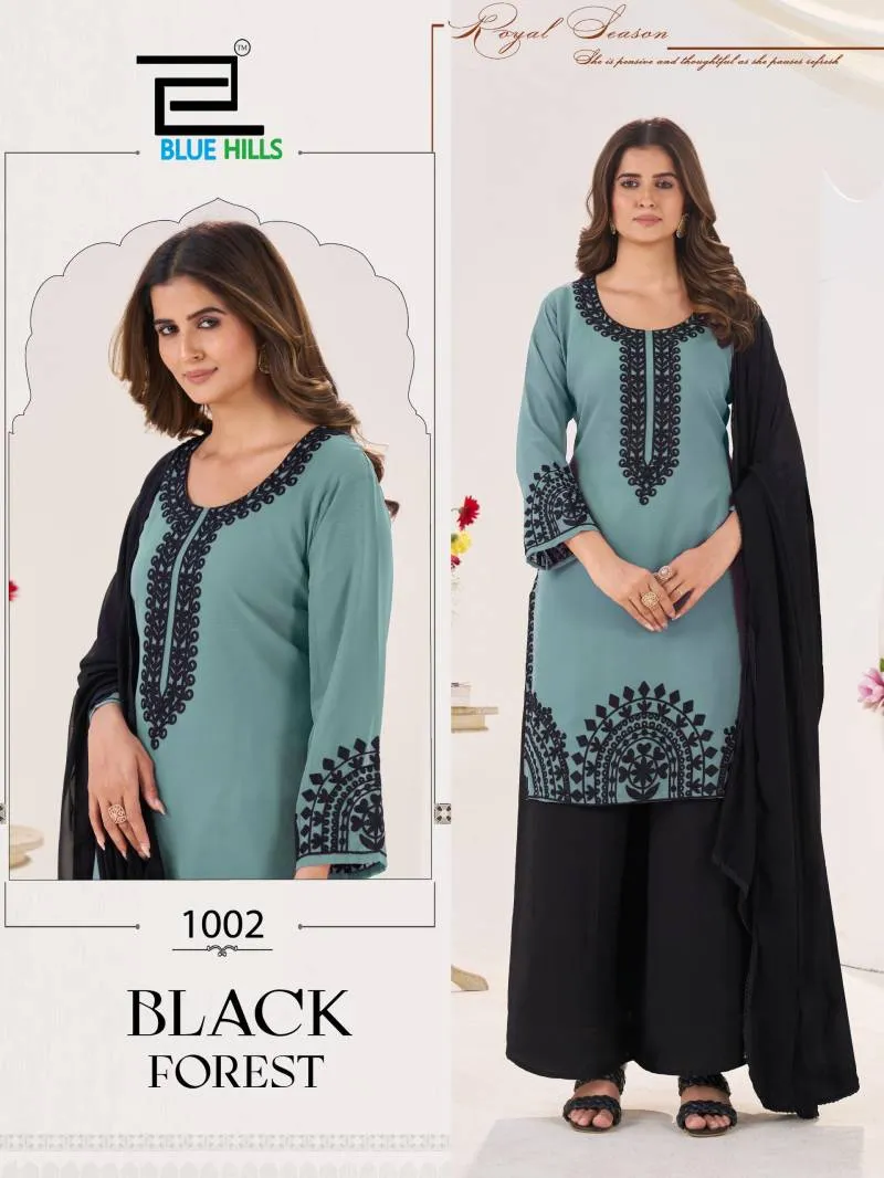 Blue Hills Black Forest Georgette Threadwork Kurti Pant And Dupatta - Image 5