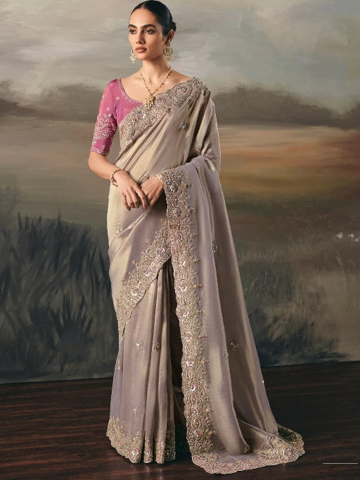 Beige Tissue Silk Saree with Heavy Embroidered Border & Contrast Blouse