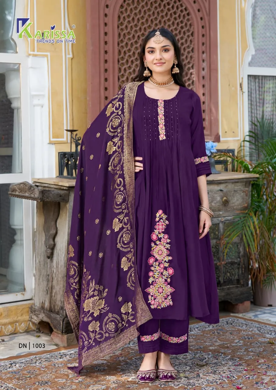 Karissa Gitanjali Viscose Mal Chanderi Work Kurti Pant And Dupatta Set